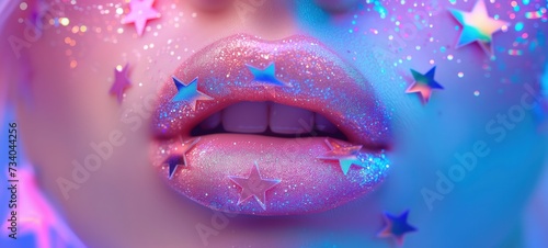 closeup woman's lip with make up pink blue neon star, Generative Ai