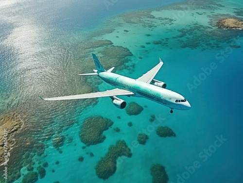 Airplane flying over a sea, view from above