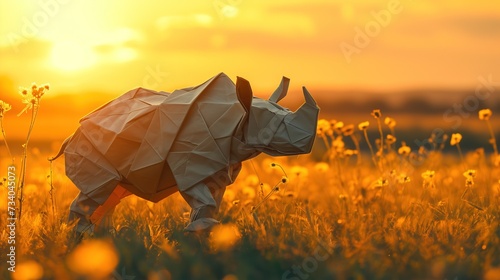 origami paper craft sculpture Rhino standing in  savannah grass field at evening time, Generative Ai photo