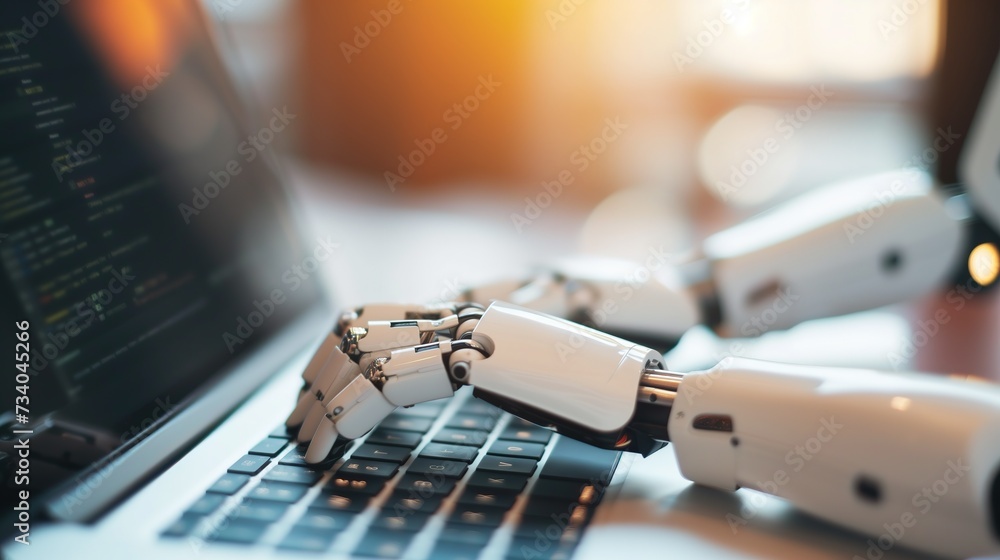white Ai robot hand typing on notebook keyboard, idea for Artificial intelligence technology as human creative partner, assistant Ai, Chat bot, Generative Ai white Ai robot hand typing on notebook keyboard, idea for Artificial intelligence technology as human creative partner, assistant Ai, Chat bot, Generative Ai