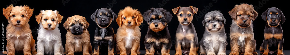 Group of adorable puppy dogs of different breeds on a balck background Cute dogs look at camera hanging their body on long wood panorama photo
