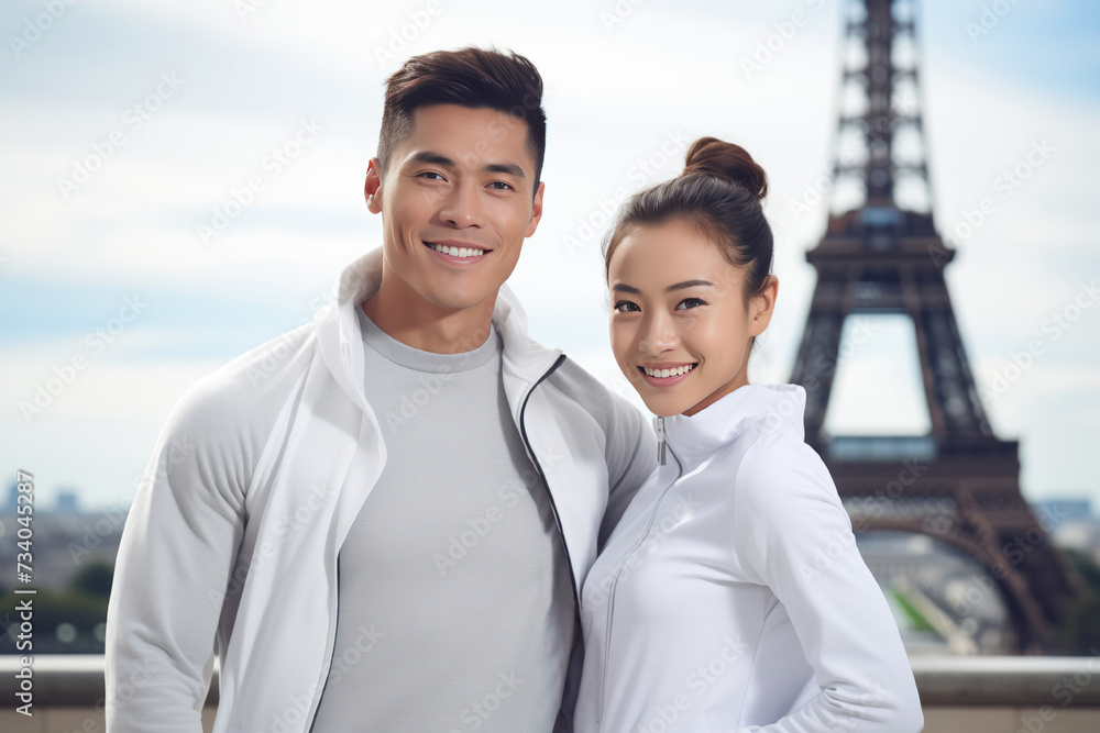 Young asian pair of athletes Olympians from the national team pose against the Eiffel Tower.Paris Olympics 2024. Young asian pair of athletes Olympians from the national team pose against the Eiffel Tower.Paris Olympics 2024.