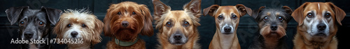 Group of sitting dogs of different breeds on a black background panorama photo