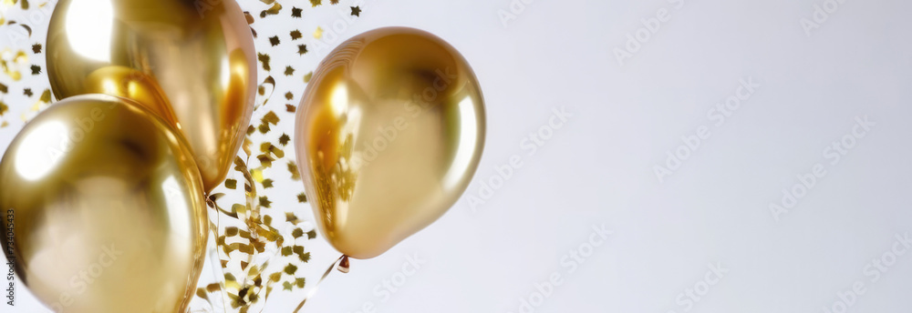 Banner Golden helium balloons with metallic glitter , confetti on white background with space for text and design. Holidays, birthdays, wedding, party, decoration, coupon, store opening, discounts