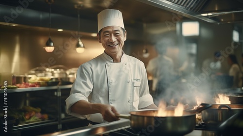 professional asian male chef having fun while cooking food in the kitchen at restaurant. professional asian male chef preparing meal in the kitchen at restaurant.