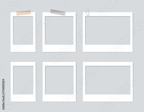 Set of empty white photo card frame on isolated background. Retro vintage photograph with transparent sticky adhesive tape and paper clip. Template or mockup for design. Vector illustration