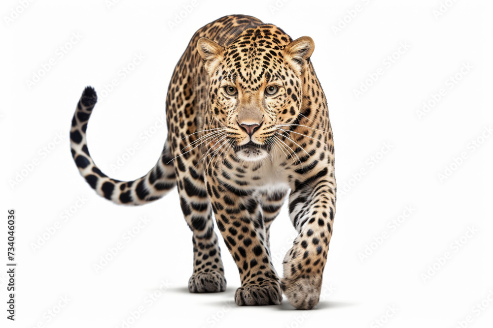 Obraz premium Leopard Charging on a White Background. Beautiful feline portrait