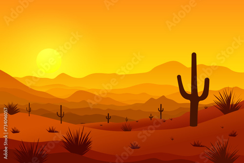 Sunset landscape of the Wild West. Beautiful desert landscape with sandstones, cacti and hills against the backdrop of an orange sunset. Desert vector illustration. photo