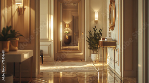 A hallway with clean lines  featuring a single statement mirror and a narrow console table. 