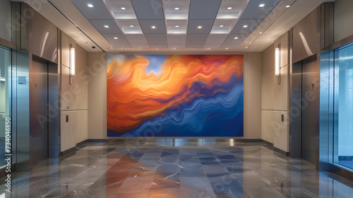 A hallway with recessed lighting, featuring a single piece of abstract wall art. 