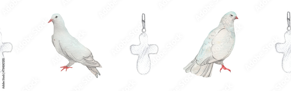 Fototapeta premium Watercolor birds flying pigeon chross border. Birds seamless border. Hand painted illustration in natural colors on white backround.