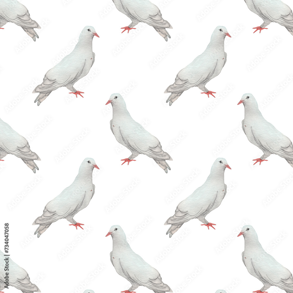 Obraz premium Watercolor birds flying pigeons paattern. Birds print. Hand painted illustration in natural colors on white backround.