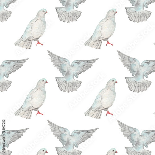 Watercolor birds flying pigeons paattern. Birds print. Hand painted illustration in natural colors on white backround.