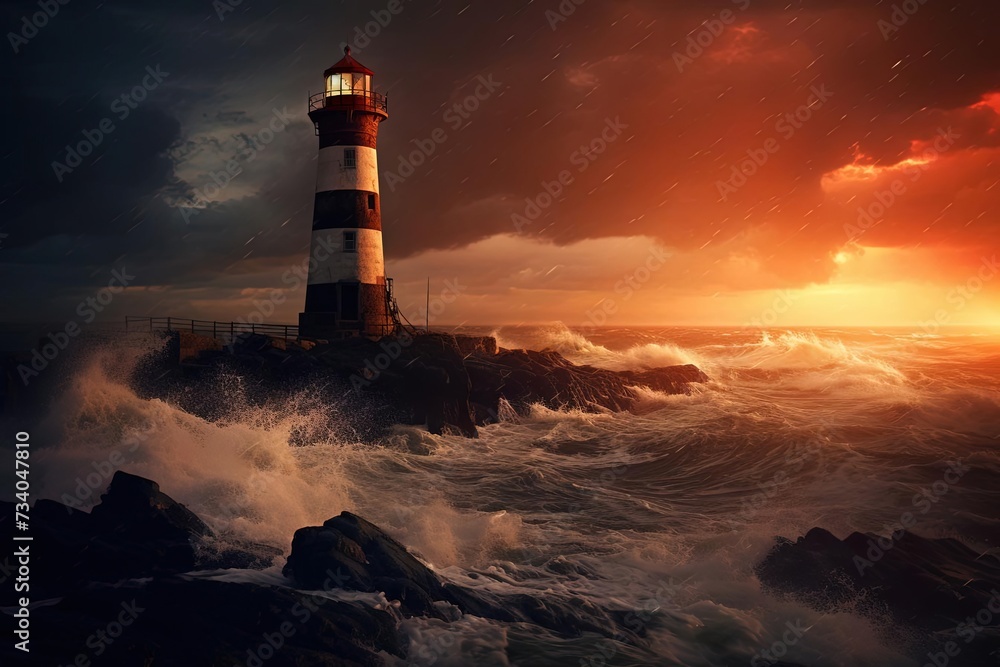 Dramatic Sunset Storm with Lighthouse on Rock | Matte Painting