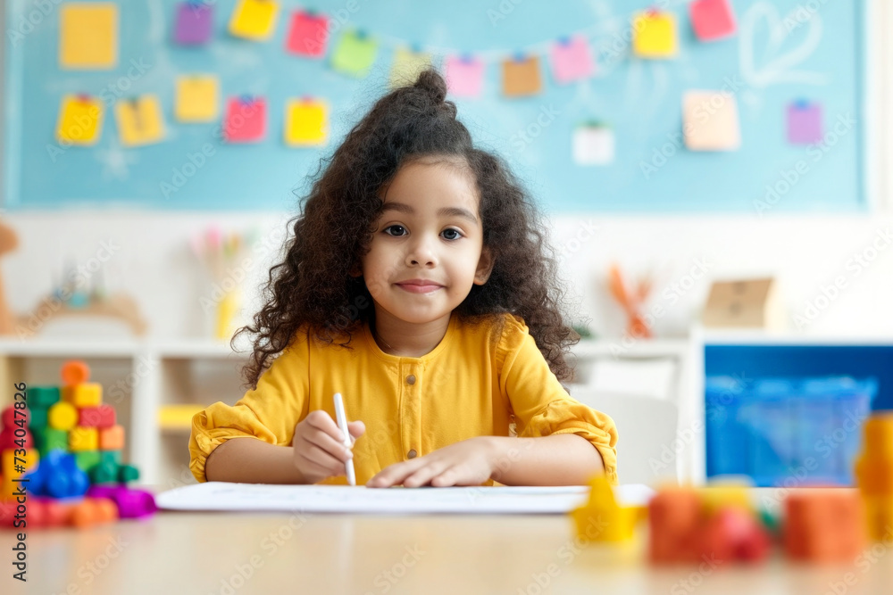 Happy little girl sitting at a table and drawing. Children's creativity and development concept Happy little girl sitting at a table and drawing. Children's creativity and development concept
