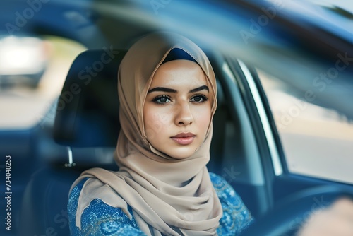 a beautiful young Muslim woman in a beige hijab driving a car, , the concept of combating discrimination,the success and independence of Muslim women,cultural diversity © Наталья Лазарева