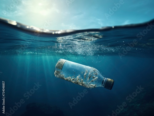 close up of Floating bottle. Problem of plastic pollution under the sea concept  copy space