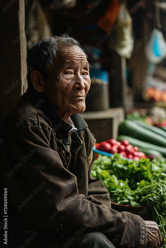 Asian man at a bustling vegetable market.