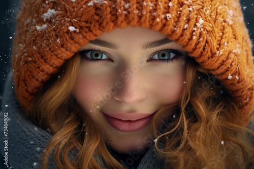 Close-Up Face of Happy Young Woman Enjoying Winter