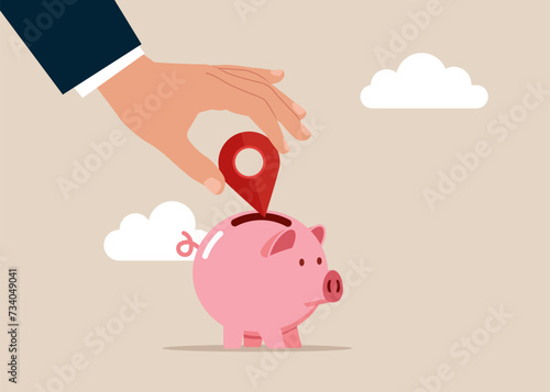Search concept. Hand putting branch pin a piggy bank. Opportunities, decisions, new ideas. Modern vector illustration in flat style