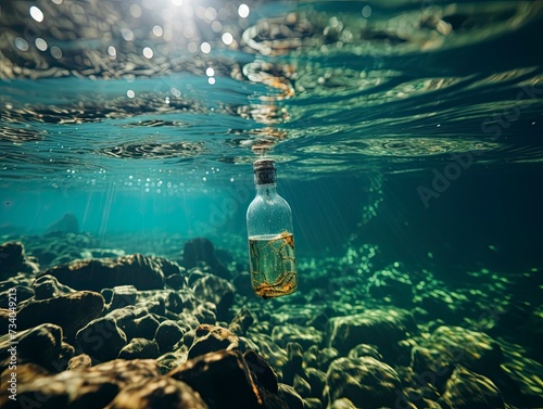 close up of Floating bottle. Problem of plastic pollution under the sea concept, copy space