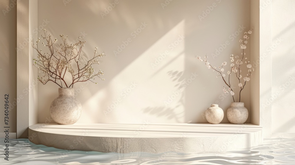minimal luxury backdrop with Display stand for merchandise wide podium, studio lighting. minimal luxury backdrop with Display stand for merchandise wide podium, studio lighting.