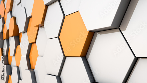 Abstract geometric pattern with orange and white hexagons at an angle.