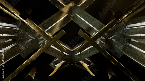 Horizontal 3d abstract geometry of gold and bronze on black.