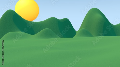 Simply rendered countryside with mountains and sun