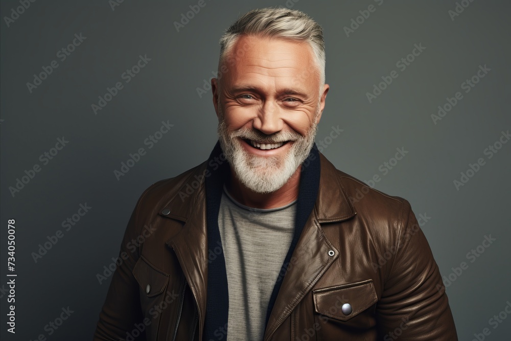 Portrait of a smiling senior man in a leather jacket. Men's beauty, fashion. Portrait of a smiling senior man in a leather jacket. Men's beauty, fashion.