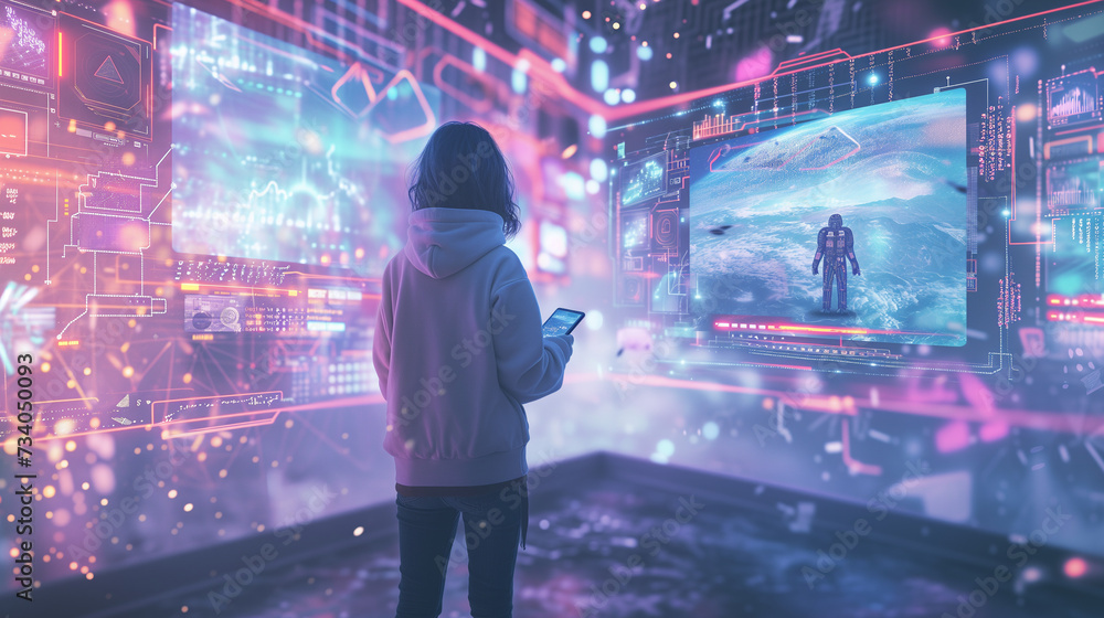 Young Person Contemplating Advanced Holographic Displays - The Future of Interactive Technology Young Person Contemplating Advanced Holographic Displays - The Future of Interactive Technology