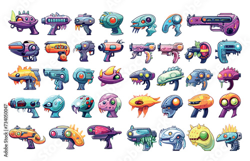 Alien blasters cartoon pack, vibrant style collection of space invaders weapons. Funny and bright guns colorful palette, utter vector set
