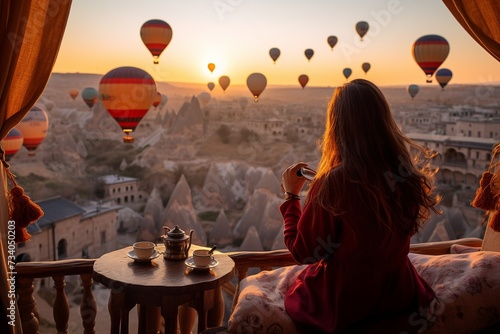 Woman Drinking Tea with Hot Air Balloons in Cappadocia