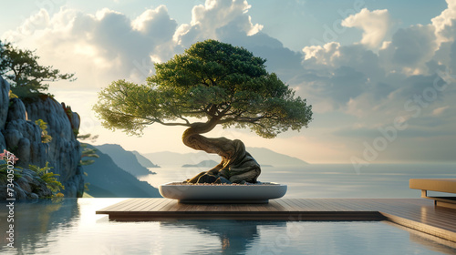 A seamless blend of indoor and outdoor spaces with a lone bonsai on a wooden deck.  © Adnan Haider