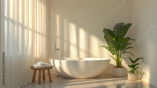 A serene bathroom with a freestanding bathtub and a single potted plant on a wooden stool.  © Adnan Bukhari