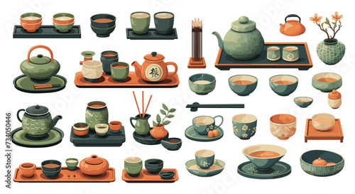 Asian tea ceremony items illustration. Chinese and Japanese traditional stuff, table, bowls, teapots, tea, banzai. Hot aromatic drinks, traditional oriental culture. Cartoon vector set isolated