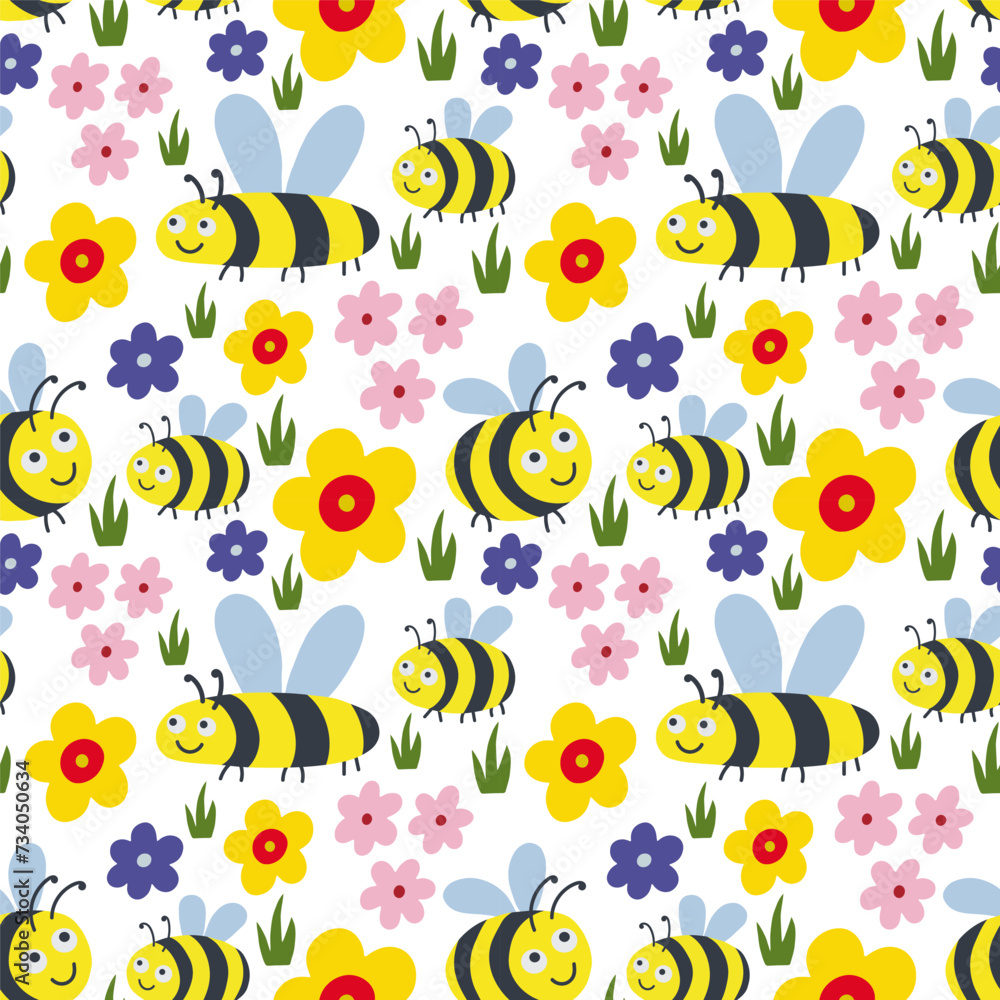 Seamless pattern with cute cartoon flowers, bees.