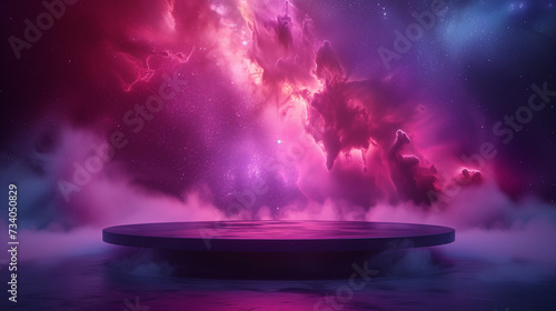 An empty black podium against the backdrop of blue purple outer space. for product display, Blank showcase, mock up template or cosmetic presentation