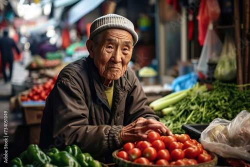 elderly Asian man at a bustling vegetable bazaar.