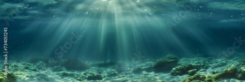 Underwater panorama with sunbeams.