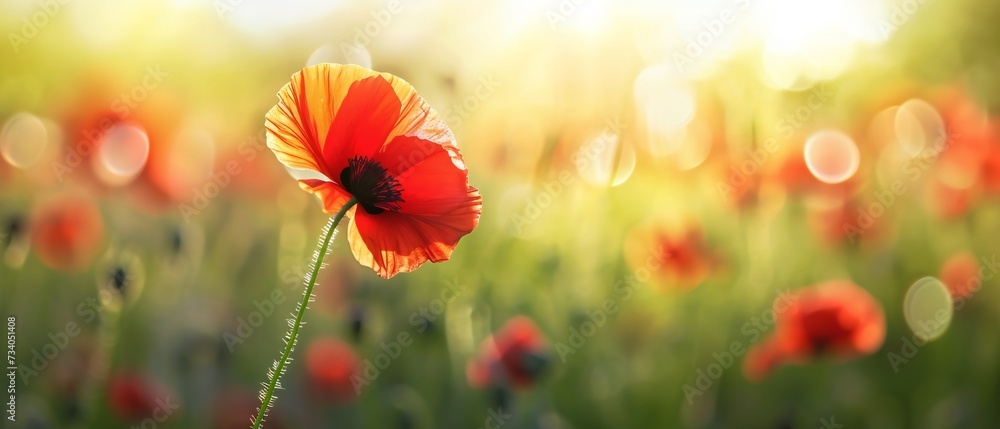 Blooming poppy on blurred background. - obrazy, fototapety, plakaty 