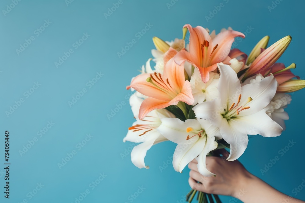 close up of delicate hands presenting a bouquet of lilies against a serene blue background, exuding a sense of tranquility and beauty