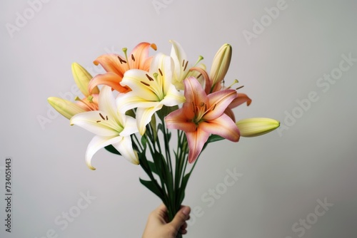 close up showcasing a hand gracefully holding a lush bouquet of lilies, symbolizing purity and warmth, soft grey background