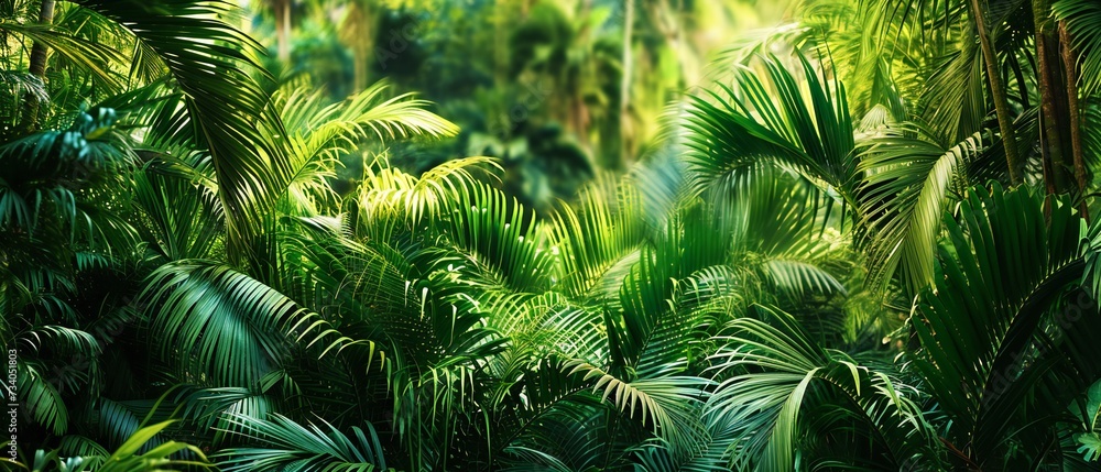 Palm and Fern tropical plants leaf. Nature green background.