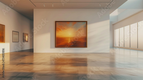 A solitary, well-framed artwork hanging on a clean, white gallery-style wall. 