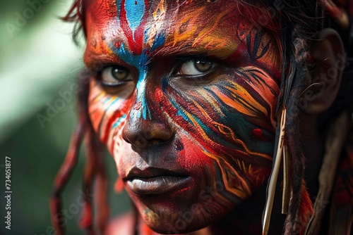 Close-up of an individual with vibrant traditional tribal face paint