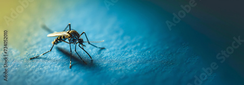 Mosquito on a tranquil blue background, captured in macro. photo