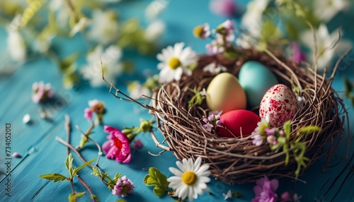 Nest with colorful Easter eggs.