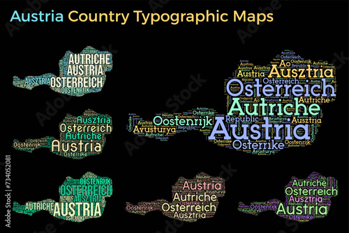 Austria. Set of typography style country illustrations. Austria map shape build of horizontal and vertical country names. Vector illustration.
