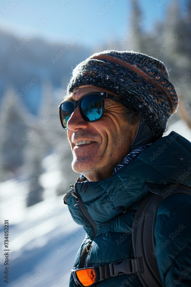 Image of a happy mature man in the snowy town.